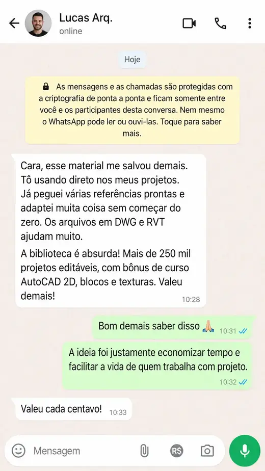 Depoimento em print de conversa de Lucas Arq.